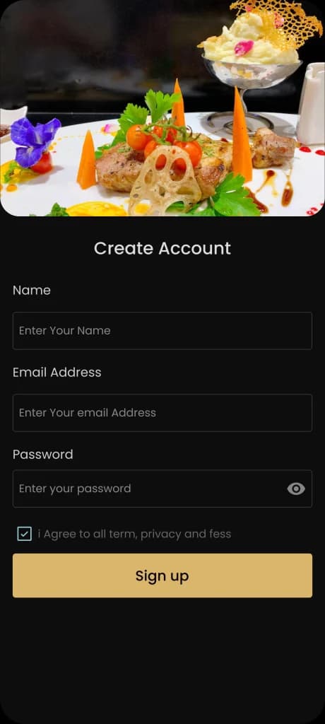 Food delivery app sign-up screen with name, email and password fields on a restaurant ordering app