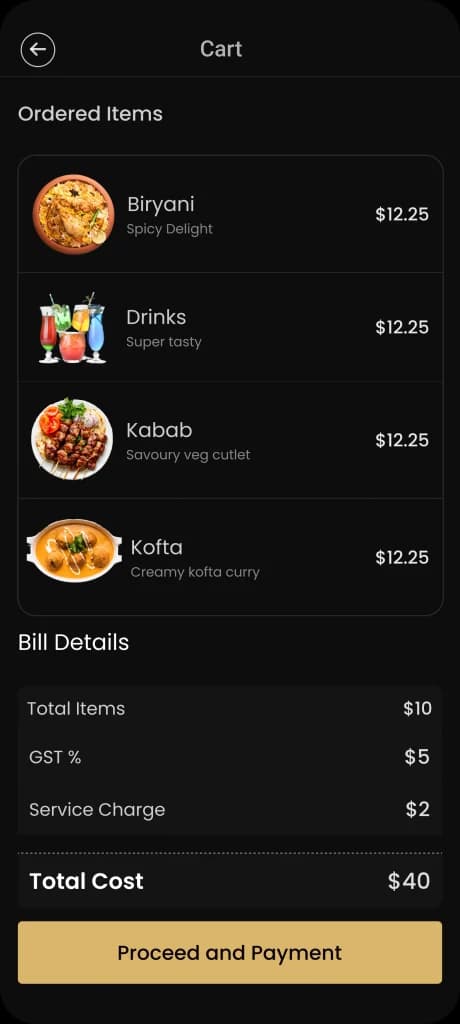 Food delivery app cart screen listing ordered items with GST, service charge, total cost and a proceed to payment button