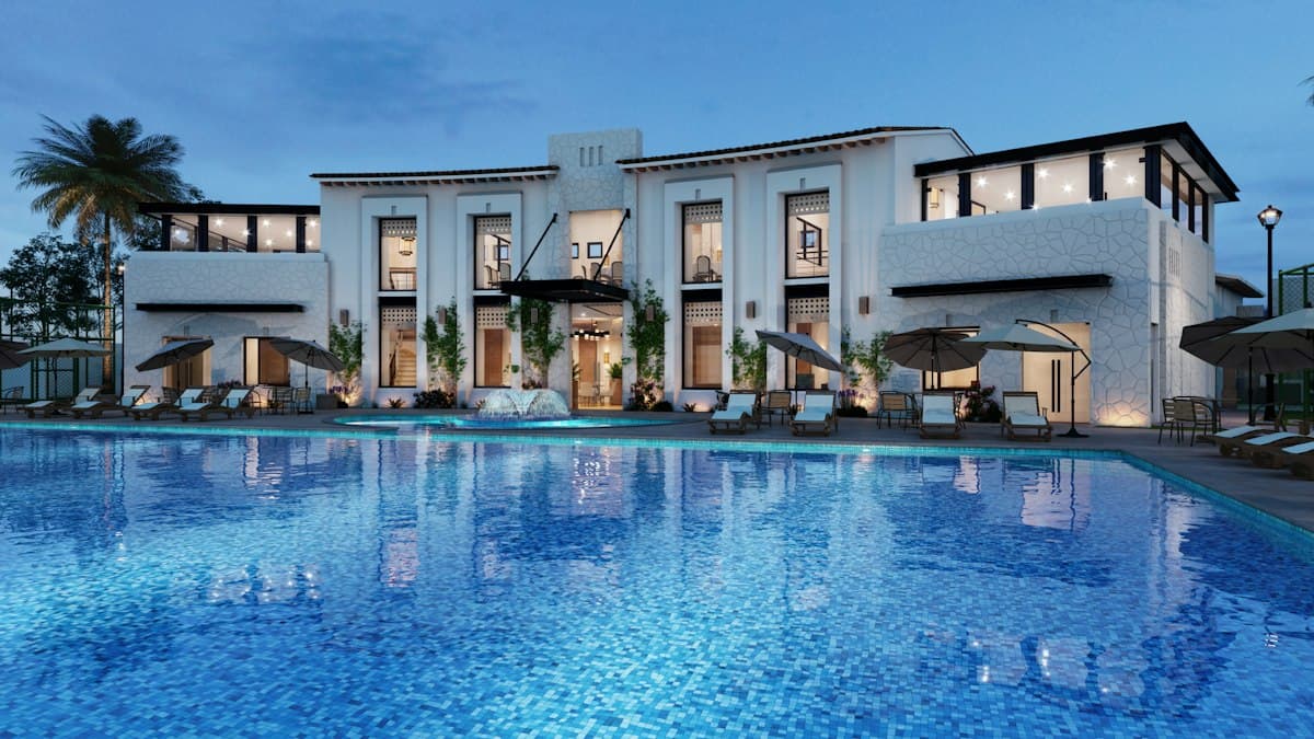 Hotel building with a swimming pool, for hotel chain booking app development